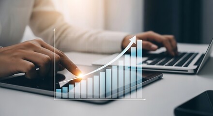 Dynamic business growth analysis with digital tablet and laptop data visualization