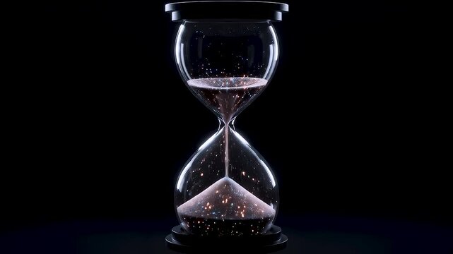 Hourglass with pink sand nearly empty symbolizing time passing against dark background video