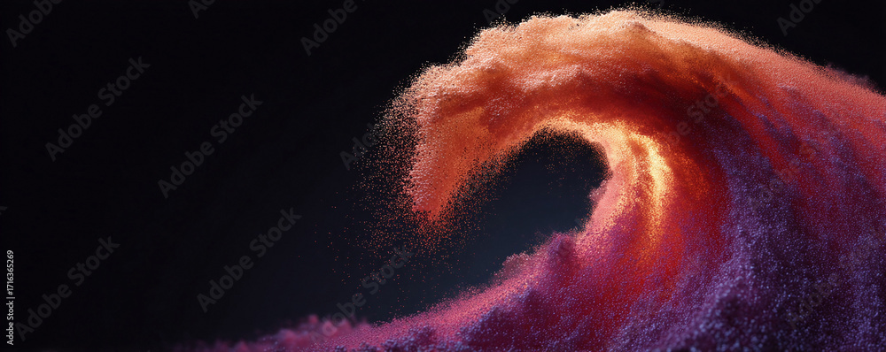 Poster a dramatic, dynamic wave of shimmering particles flows across a dark backdrop. evokes concepts of en