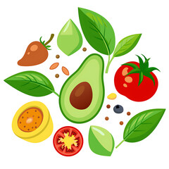 Freshly Cut Avocado, Ripe Tomatoes, Basil Leaves, and Spices on White Surface, Ai Generated