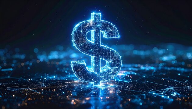 Glowing dollar symbol, comprised of digital particles, floats above a blurred technological landscape