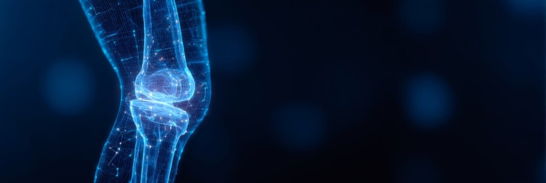 Digital knee joint scan via wireframe render. Future of orthopedic medicine for joint pain diagnosis. Innovative healthcare technology.