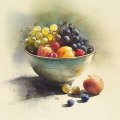 Watercolor painting of a ceramic bowl filled with grapes plums apricots and raspberries on light background