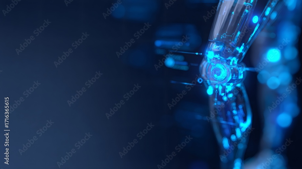 Poster futuristic humanoid robot arm with glowing circuitry. intelligent bionic limb representing artificia