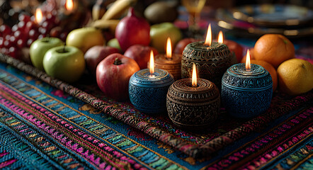 A kwanzaa rug with kinara, mishumaa saba, mkeka, and mazao on a dark background, angled perspective on transparent background