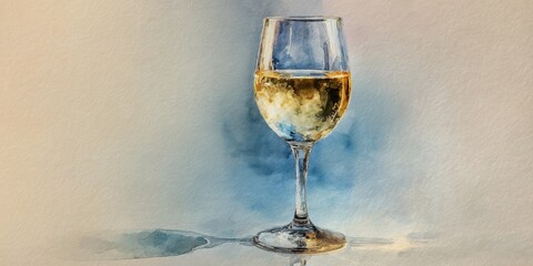 Watercolor painting of a sparkling wine glass with golden drink on soft beige and blue background