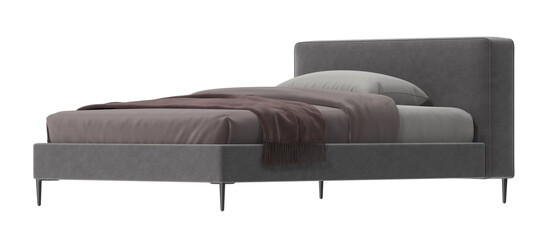 Fototapeta premium A minimalist bedroom bed, with grey fabric and a sleek design