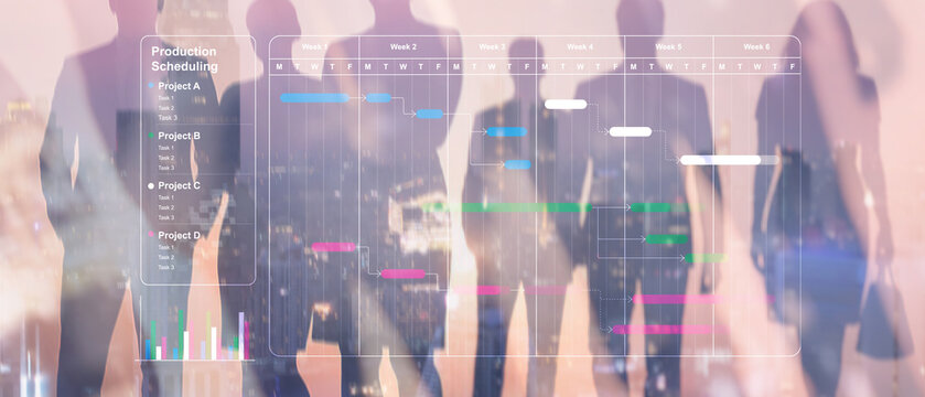 Business professional analyzing digital project timeline on interactive screen