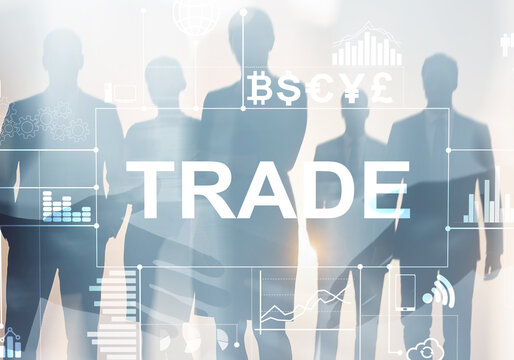 Trade. Business people discussing trade and finance with graphs, charts. Currency symbols global market investment