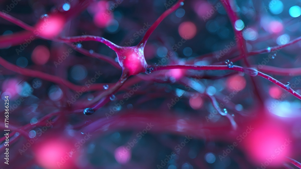 Poster active neuron glowing with pink and blue lights. brain cell structure and neural network. scientific