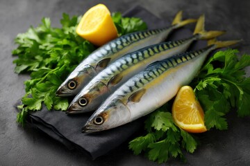 Three mackerels lie on a black cloth garnished with parsley and lemon slices against a gray backdrop