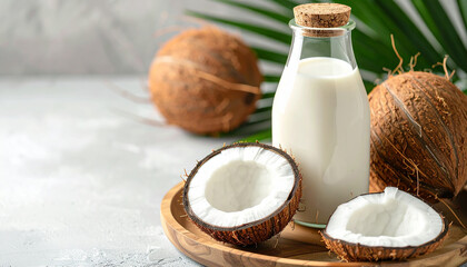 Bottle of coconut milk with coconut halves on wooden tray. Tasty drink. Delicious organic beverage
