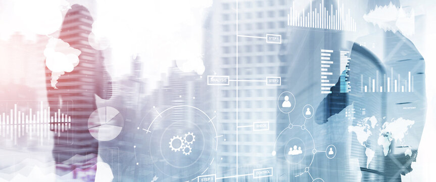 Business dashboard with key performance indicators on a virtual screen city interface