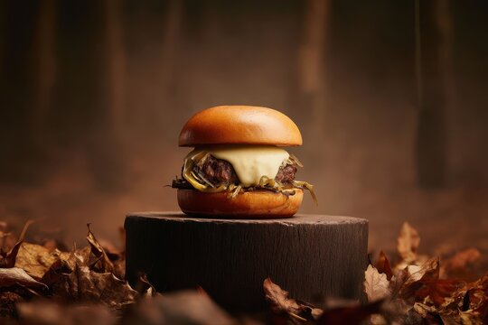 Cheeseburger–Apple Dumpling Delight Concept. Artistic burger on a wooden stump surrounded by autumn leaves.