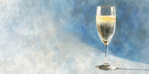 Watercolor illustration of a sparkling wine glass with golden drink casting shadow on blue background