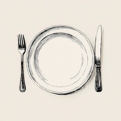 Minimalist line drawing of a clean plate with fork and knife neatly placed on a neutral background