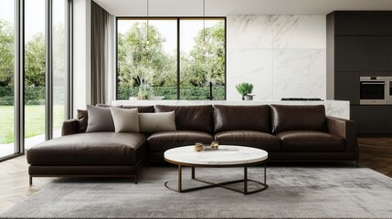 Obraz premium Modern Living Room Interior with Brown Leather Sofa and Large Windows
