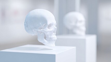 Human wireframe skull on geometric pedestal. Digital anatomy model with grid mesh. Skull for medical education and scientific research concept.