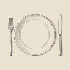 Simple line art of a clean round plate with a fork and knife placed symmetrically on a light background