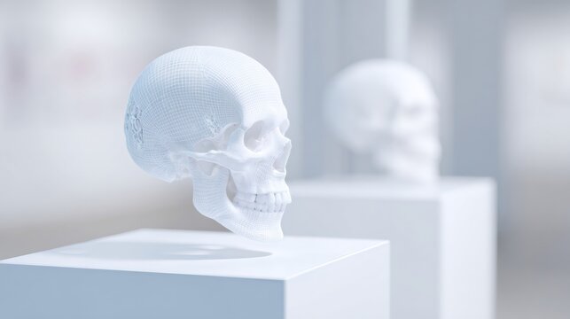 Human wireframe skull on geometric pedestal. Digital anatomy model with grid mesh. Skull for medical education and scientific research concept. - Powered by Adobe