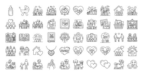 Diverse collection of family themed outline icons representing family activities and relationships