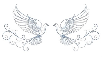 Obraz premium Two doves in flight, stylized with decorative swirls