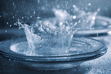 Water splash captured mid-air on a clean glass plate under dramatic lighting with droplets frozen in motion