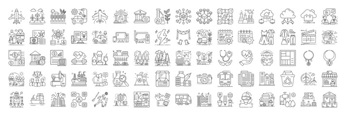 Comprehensive Collection of Line Art Icons Representing Diverse Concepts and Industries