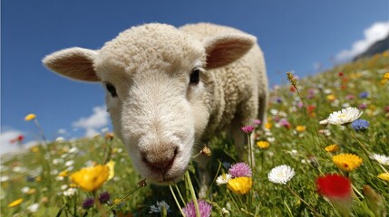 Fototapeta premium A close-up of a curious lamb surrounded by vibrant wildflowers in a sunny meadow, showcasing the beauty of nature and pastoral life.