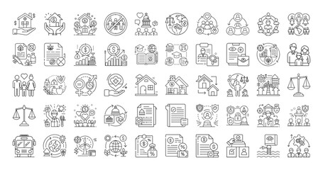 Line Art Icons Representing Diverse Concepts Such as Finance, Social Issues and Politics