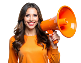 Woman with Orange Megaphone in Hands, Slight Tilted Pose, Transparent Background