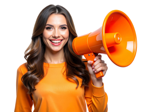 Woman with Orange Megaphone in Hands, Slight Tilted Pose, Transparent Background