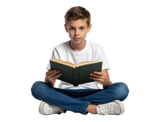 Young Boy Sitting Cross-Legged Reading a Book, Transparent Background