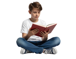 Young Boy Sitting Cross-Legged Reading a Book, Transparent Background