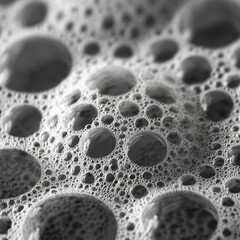 Macro close-up of dense soap foam with clusters of tiny and large bubbles on a clean smooth surface