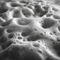 Macro shot of thick soap foam with textured layers and varying bubble sizes on a clean surface in soft light
