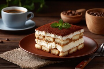 Tiramisu slice topped with mint on a plate cup of coffee coffee beans on a wooden table