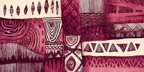 A richly colored, abstract design features intricate patterns and textures, creating a visually stimulating composition in deep burgundy hues.