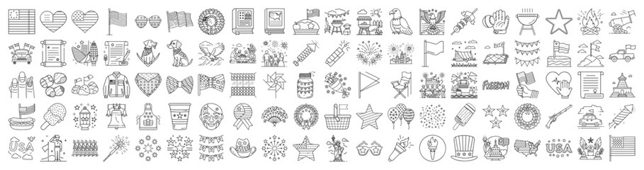 Outline Icons Illustrating the 4th of July and Independence Day Celebrations