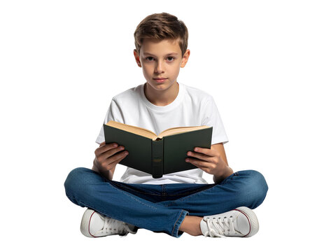 Young Boy Sitting Cross-Legged Reading a Book, Transparent Background
