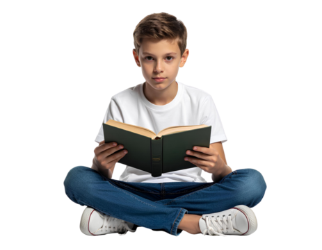 Young Boy Sitting Cross-Legged Reading a Book, Transparent Background