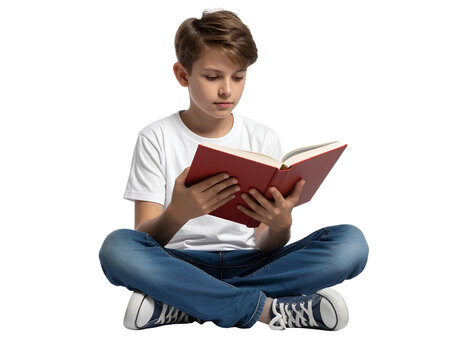 Young Boy Sitting Cross-Legged Reading a Book, Transparent Background
