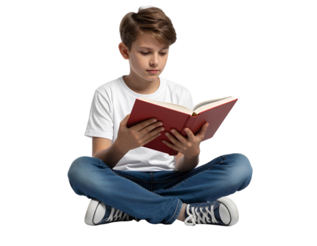 Young Boy Sitting Cross-Legged Reading a Book, Transparent Background