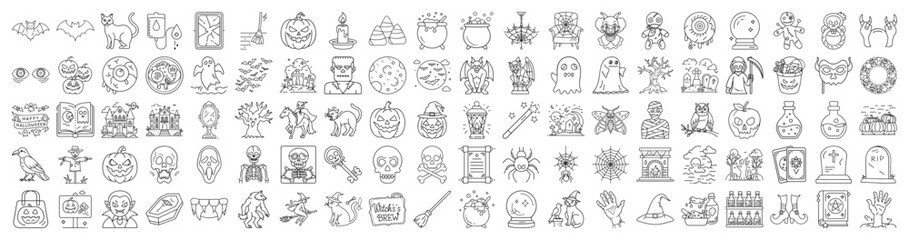 Collection of Halloween related outline drawings and icons, suitable for coloring