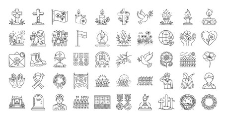 Collection of various line art illustrations commemorating remembrance day and fallen soldiers