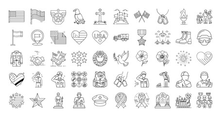 Line Art Icons Depicting Memorial Day, Veterans Day, and Patriotic Symbols