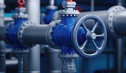 Industrial Valve with Blue Handle in Pipeline System Close Up
