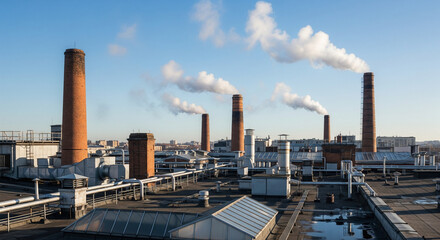 Obraz premium A bustling industrial complex with multiple smokestacks emitting steam.This wide-angle shot provides a high-level view of a large industrial plant under a clear, blue sky