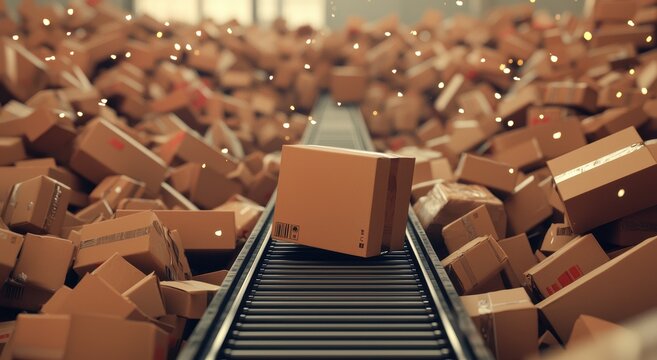 Delivery warehouse with scattered boxes on conveyor belt