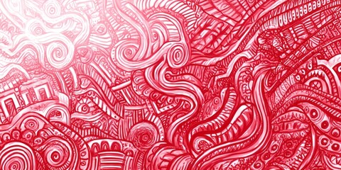 A vibrant red abstract design showcases intricate, flowing lines and shapes, creating a dynamic and textured pattern with a gradient effect.